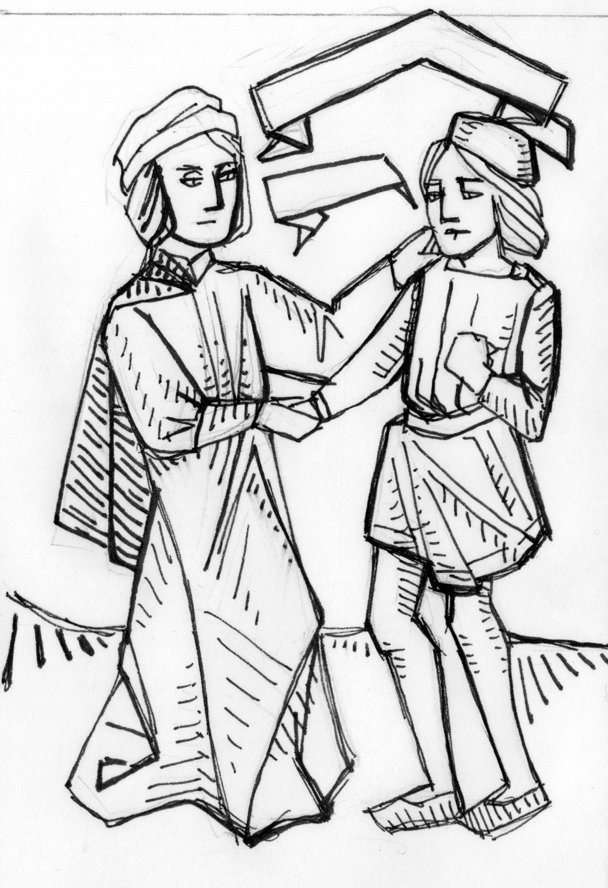 Ink illustration: two figures in Italian Renaissance clothing, an older man takes a younger man by the hand and grasps his shoulder.