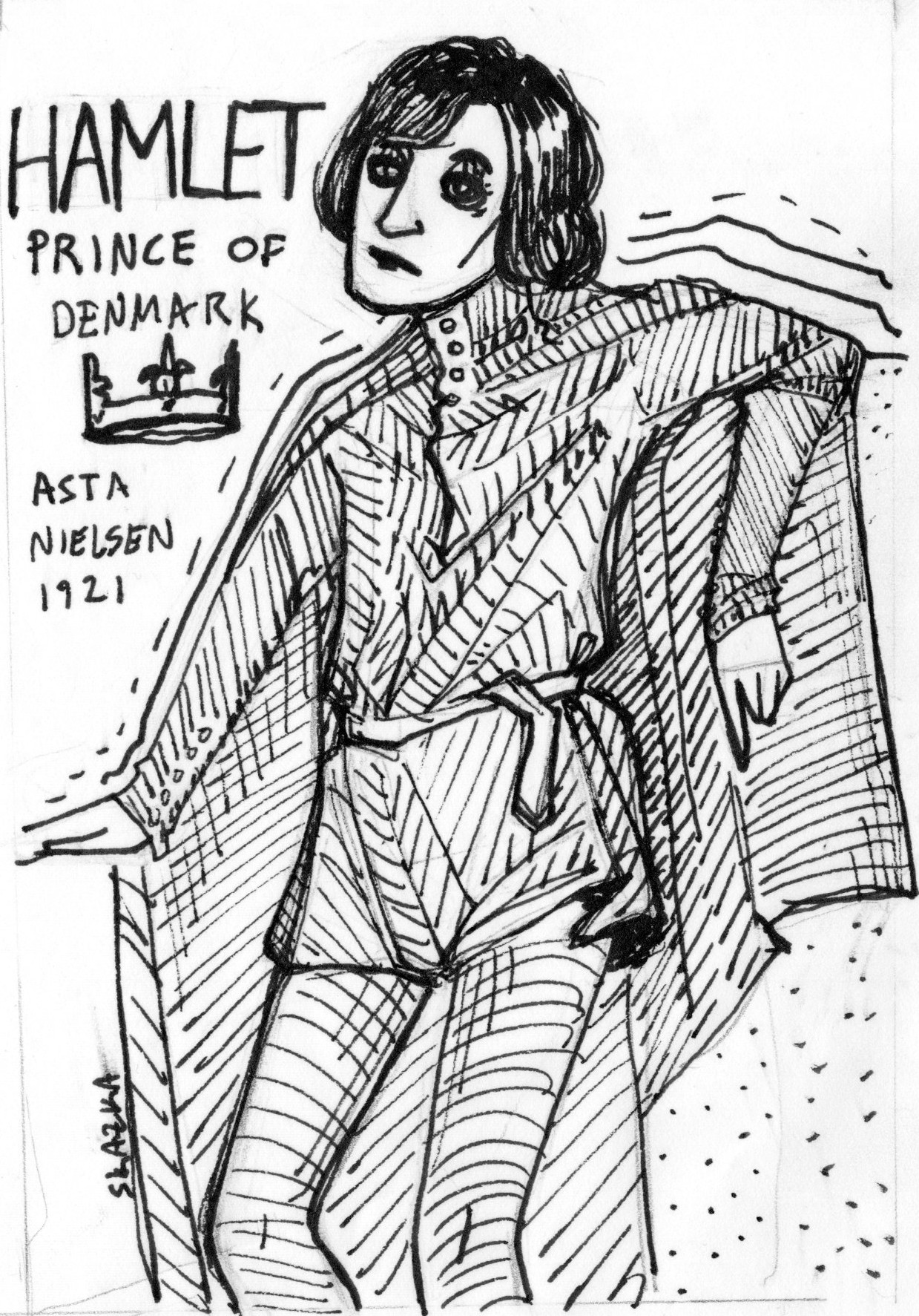 B&W ink illustration of a haunted-looking black-clad Hamlet, Prince of Denmark