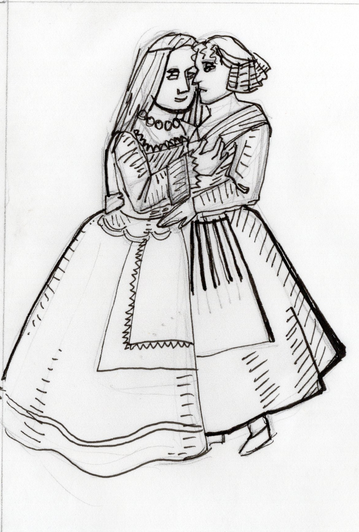 Ink illustration of two women in early 17th century clothing embracing.