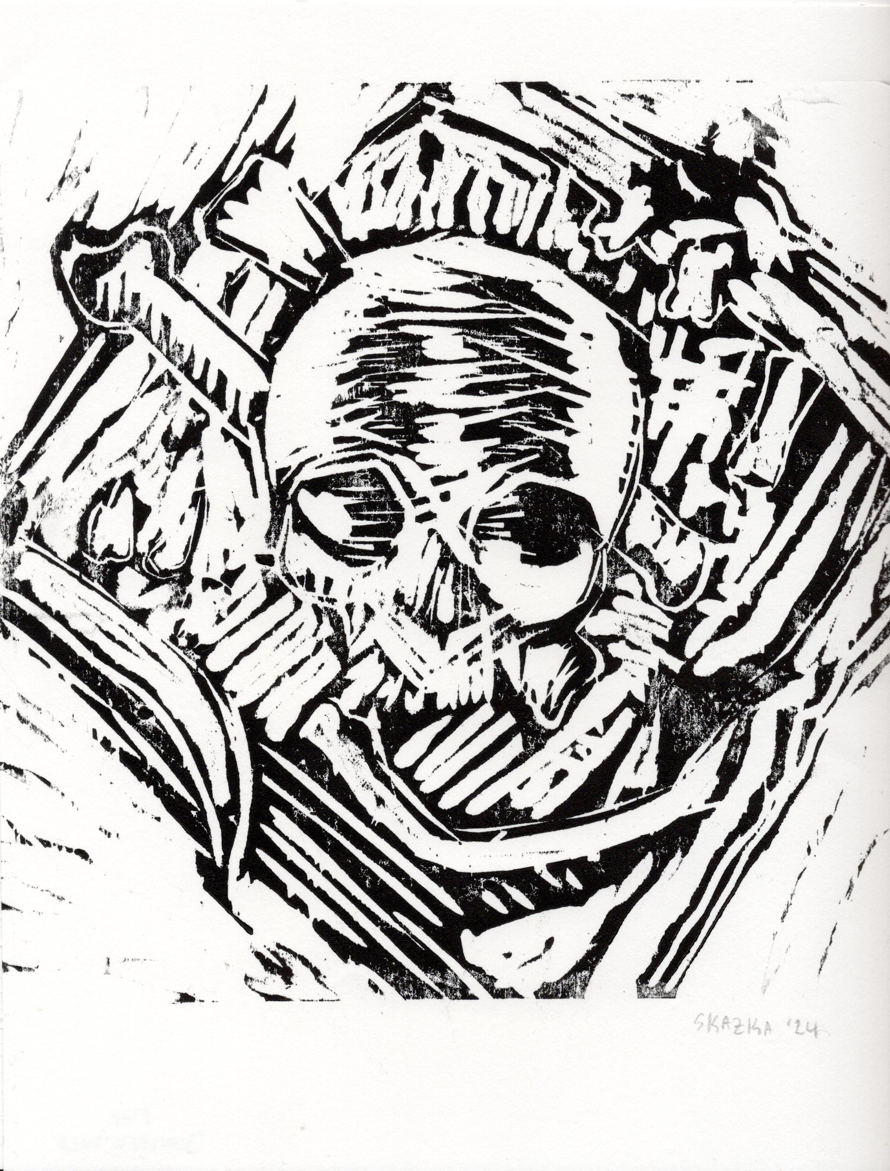 Woodcut print of a handkerchief spread out to reveal a selection of human bones.