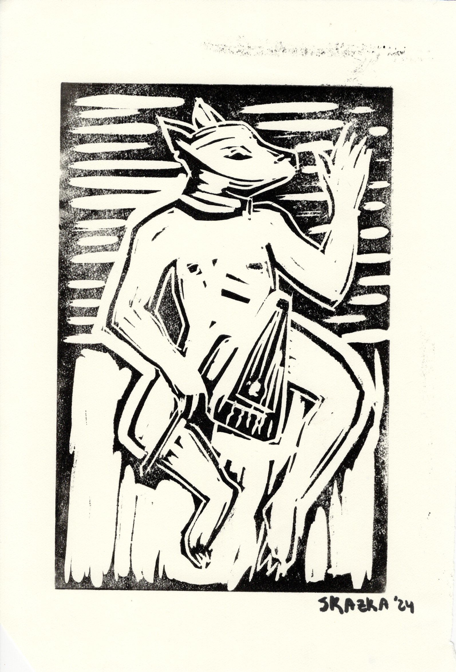 Linocut print of a seated nude figure with a dog's head; they hold a triangle-shaped stringed instrument.