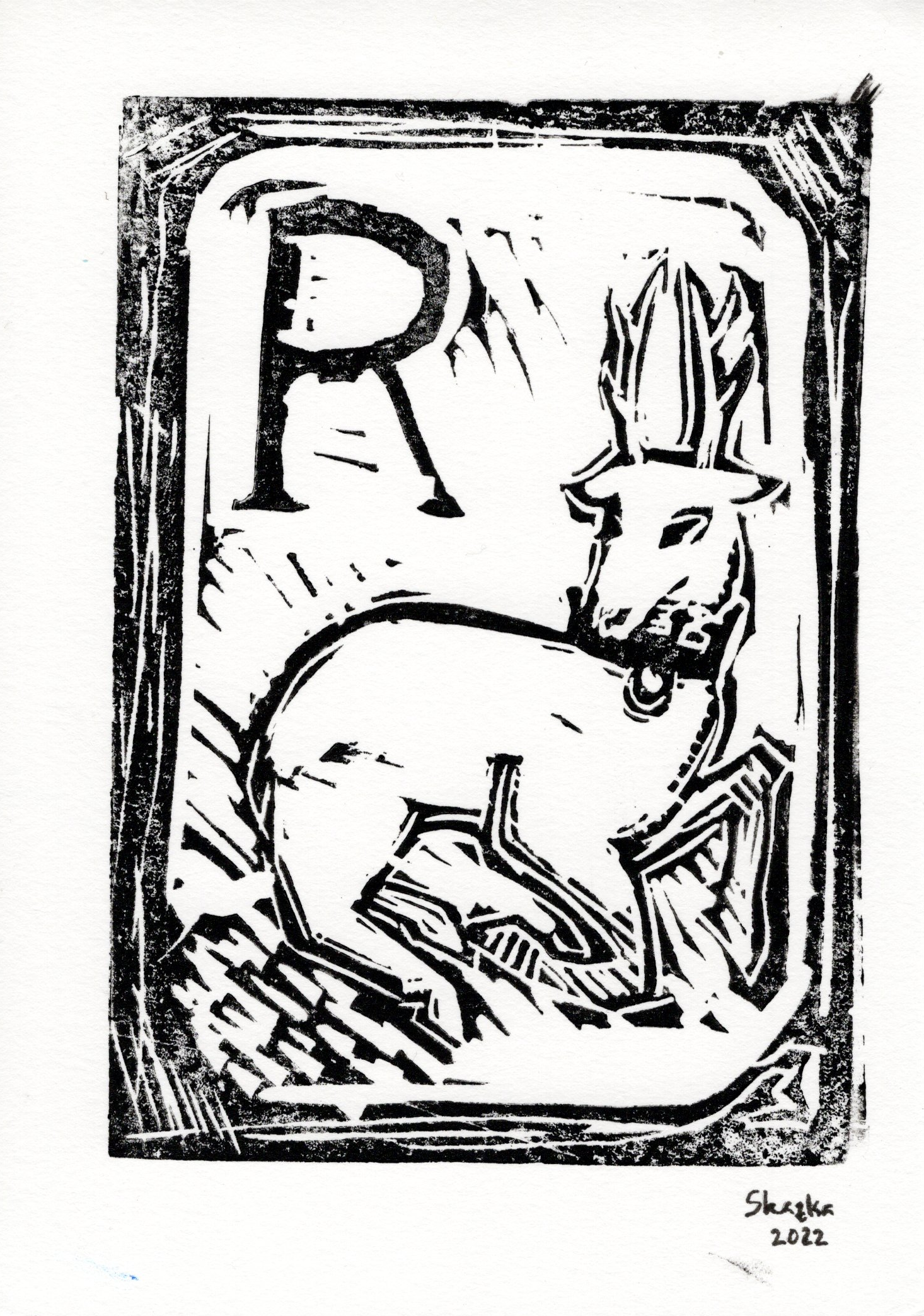 Linocut print of a reclining deer.