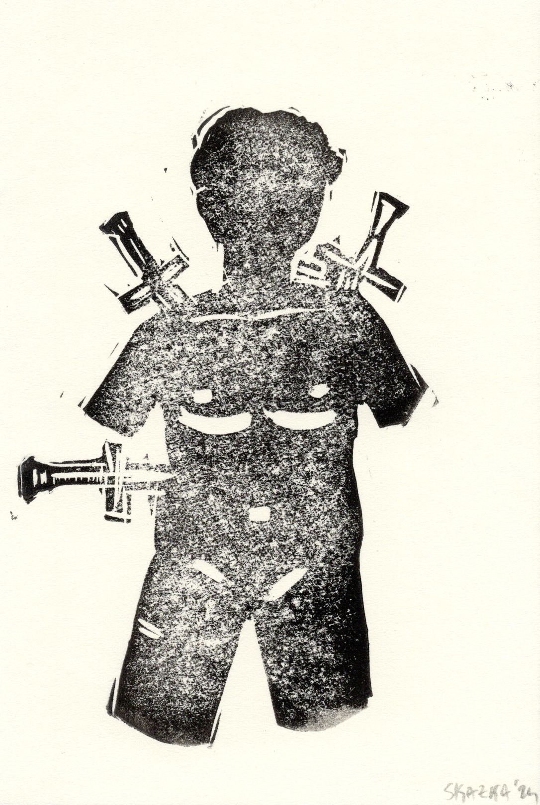 Linocut of a human figure pierced with three swords.